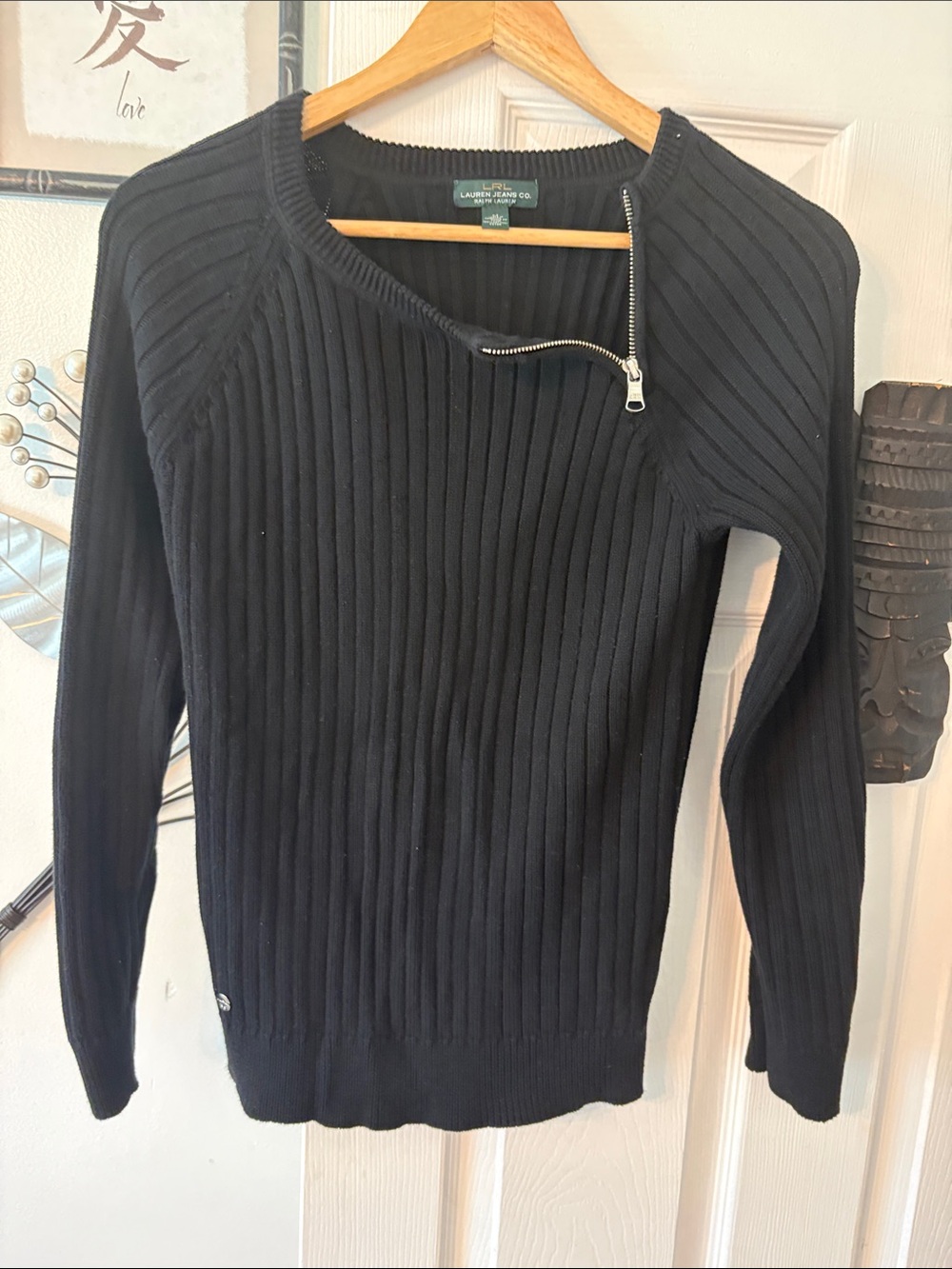 Ralph Lauren Black Ribbed Crewneck Sweater with Asymmetric Zip